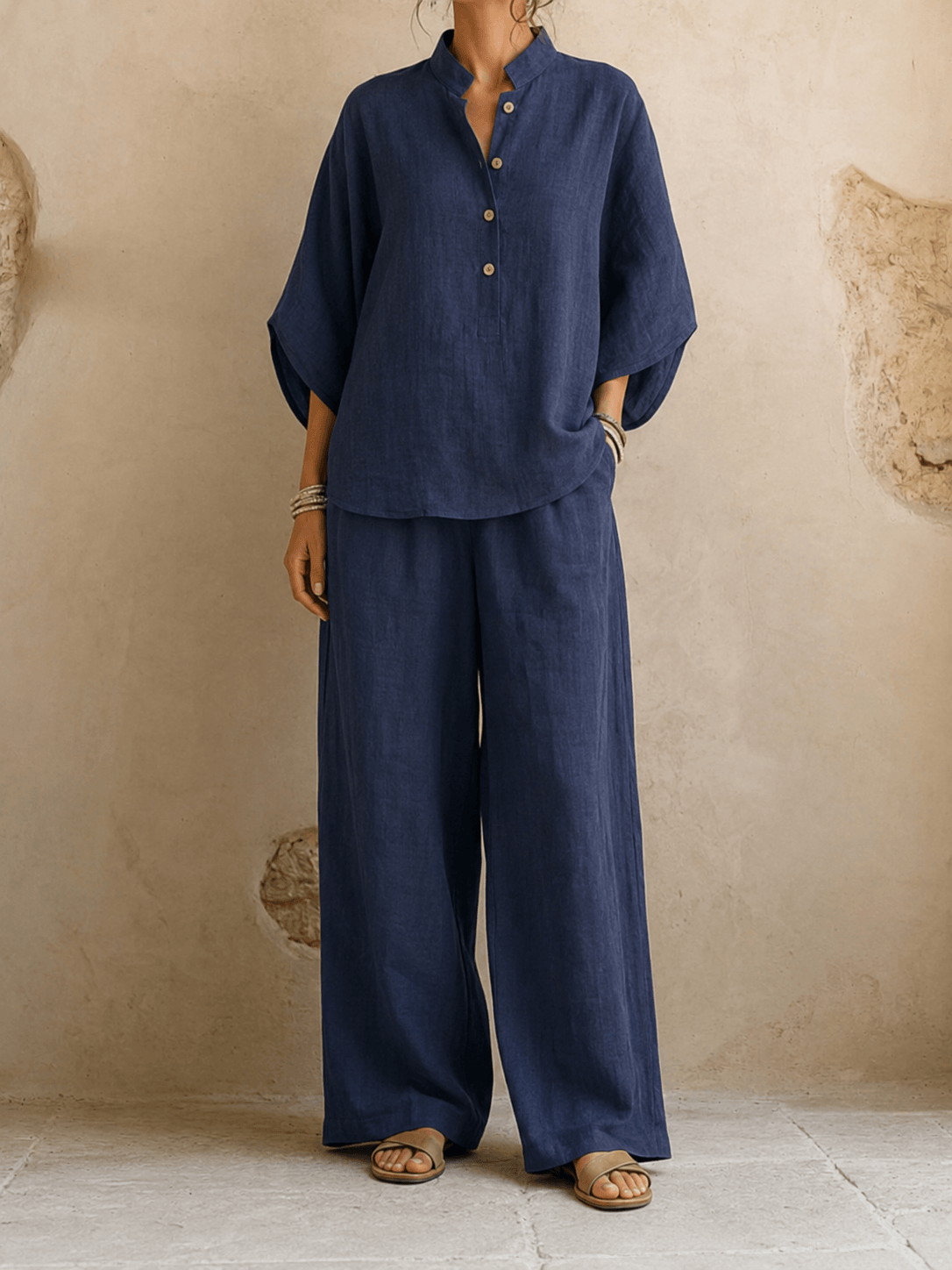 Jean – Linen-Look Blouse and Wide-Leg Pants Set