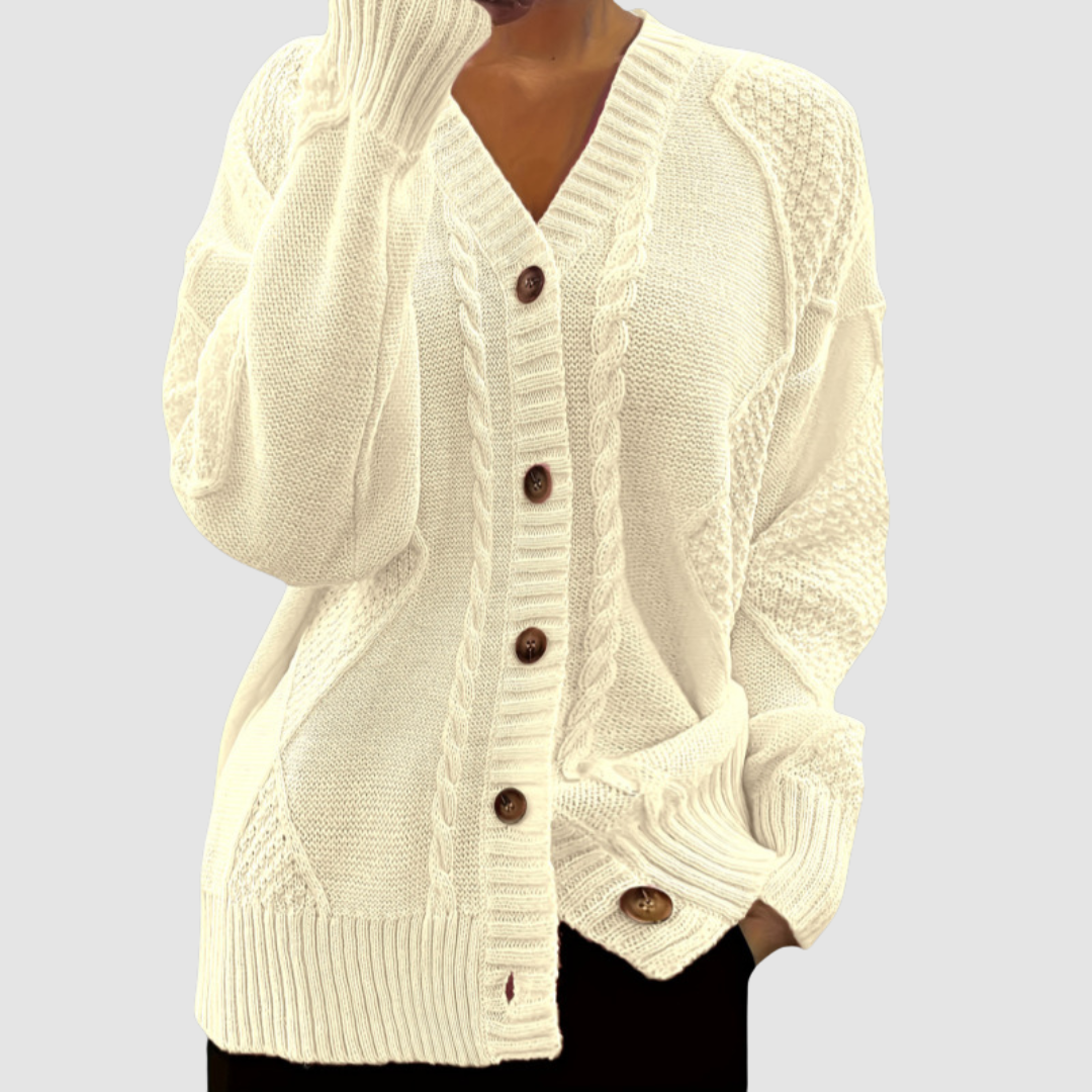 Rena – Cable-Knit Button-Front Cardigan