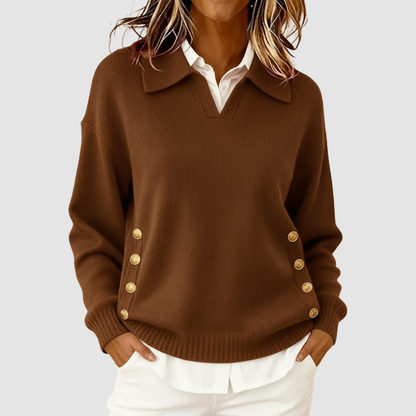 Bonnie – Collared Knit Sweater with Gold Buttons