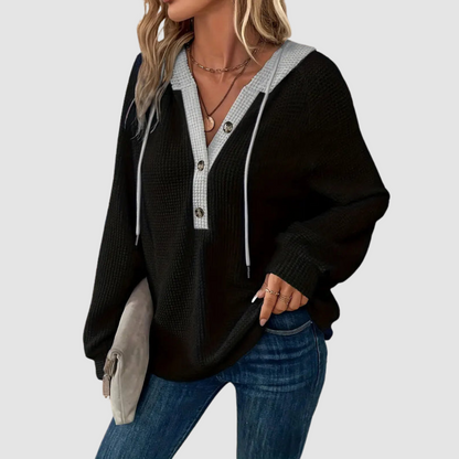 Nola – Waffle Knit Hooded Top with Button Detail