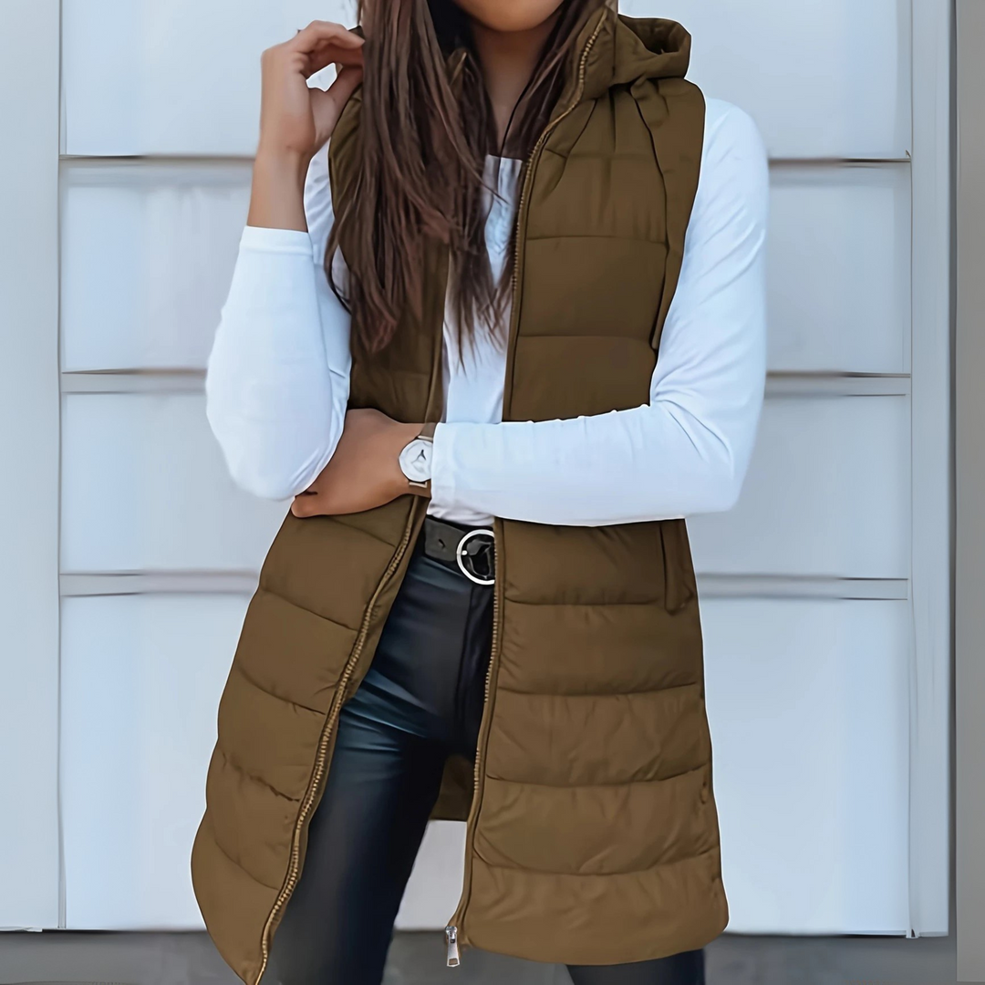 Winifred – Long Hooded Sleeveless Puffer Vest