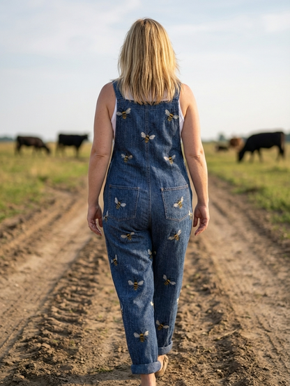 Lilian | Bee-Print Denim Overalls