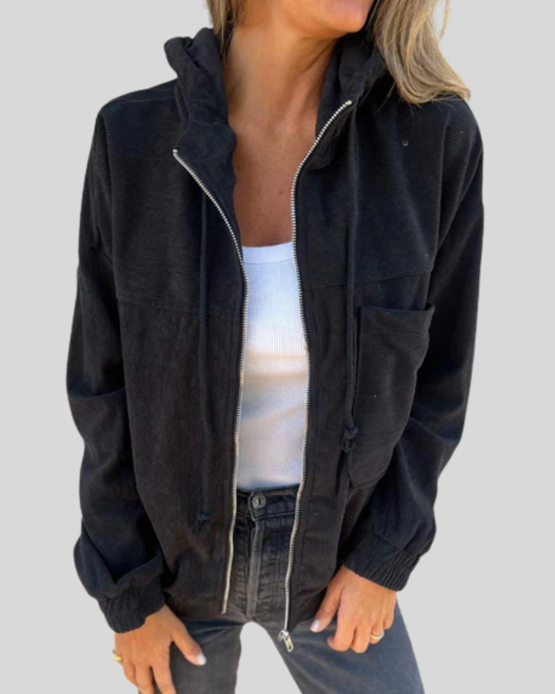 Genevieve – Hooded Corduroy-Texture Zip-Up Jacket