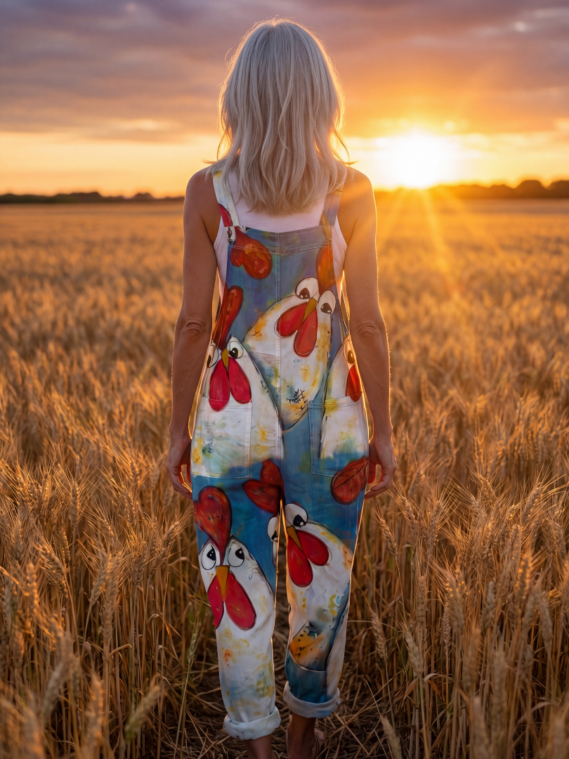 Natalie | Rooster-Print Overalls