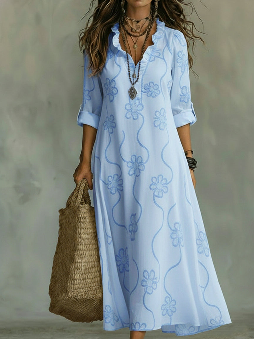 Rosemary – Embroidered Ruffle Neck Maxi Dress