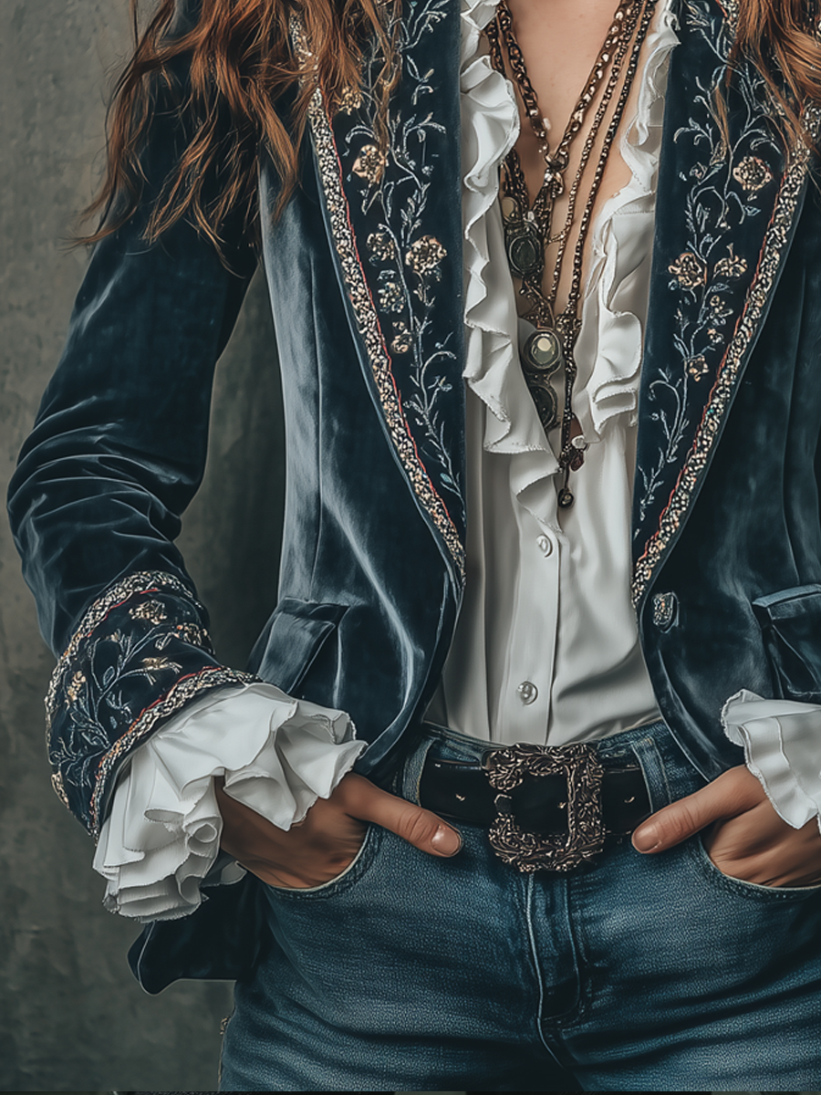 Cathleen – Embroidered Velvet Blazer with Ruffle Cuffs