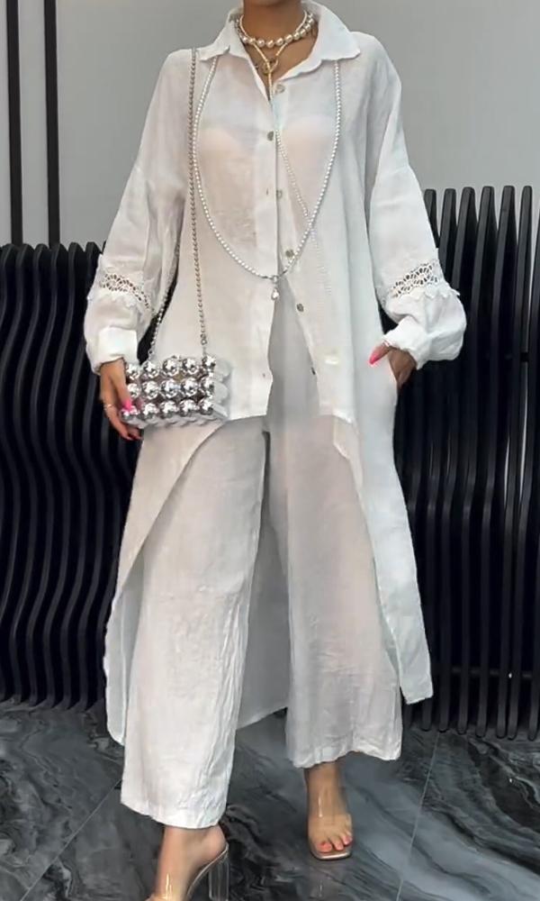 Doris – Linen-Look Long Shirt and Wide-Leg Pants Set