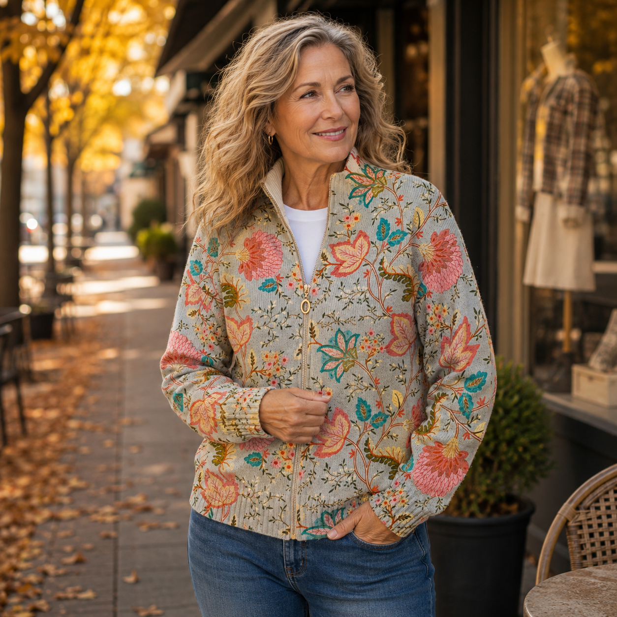 Danielle – Vintage Floral Print Zip-Up Jacket