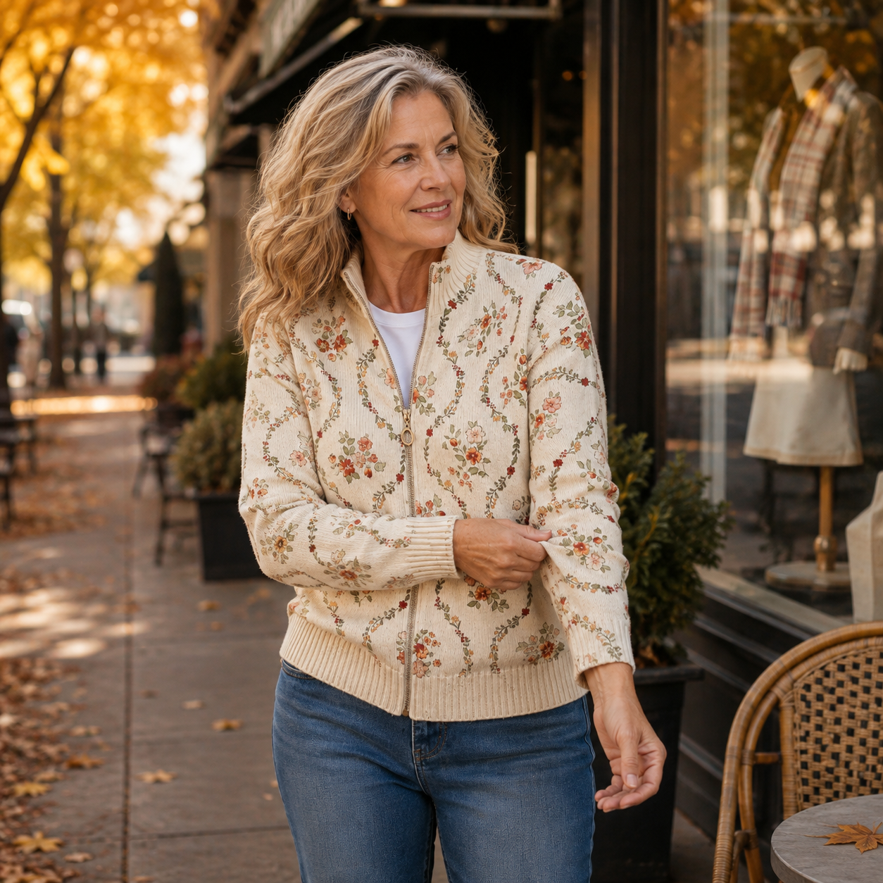Carol – Floral Vine Zip-Up Knit Jacket
