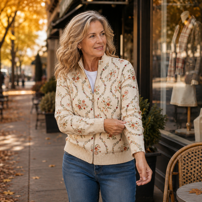 Carol – Floral Vine Zip-Up Knit Jacket