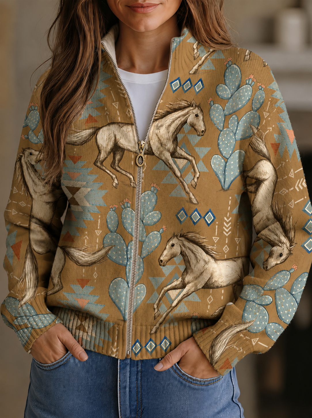 Eunice – Western Horse and Cactus Zip Jacket