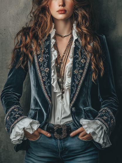 Cathleen – Embroidered Velvet Blazer with Ruffle Cuffs