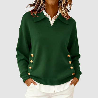 Bonnie – Collared Knit Sweater with Gold Buttons