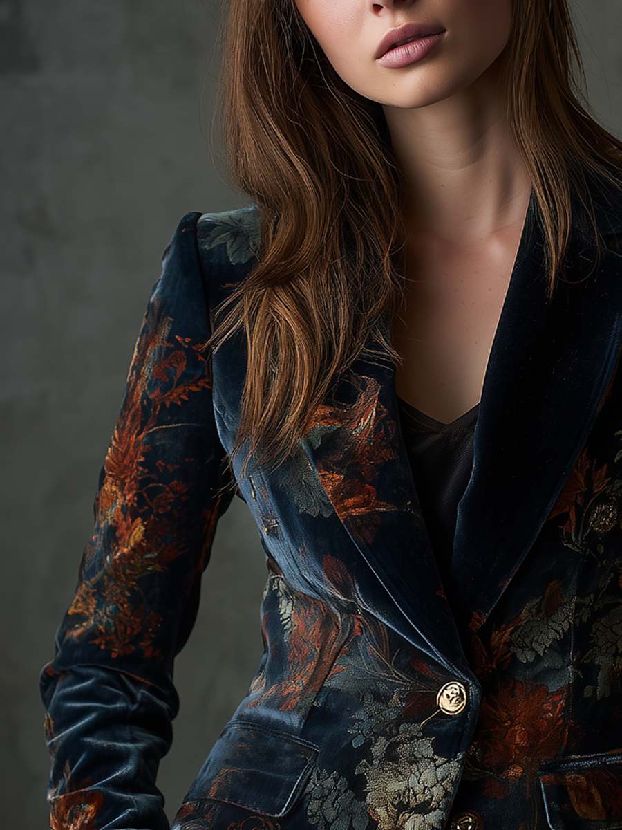 Sadie – Floral Velvet Blazer with Gold Buttons