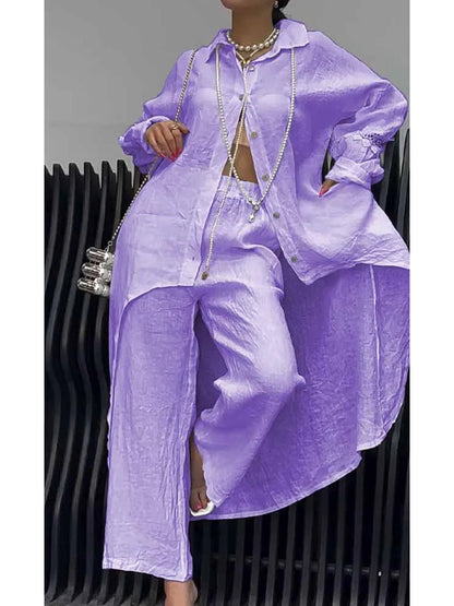 Doris – Linen-Look Long Shirt and Wide-Leg Pants Set