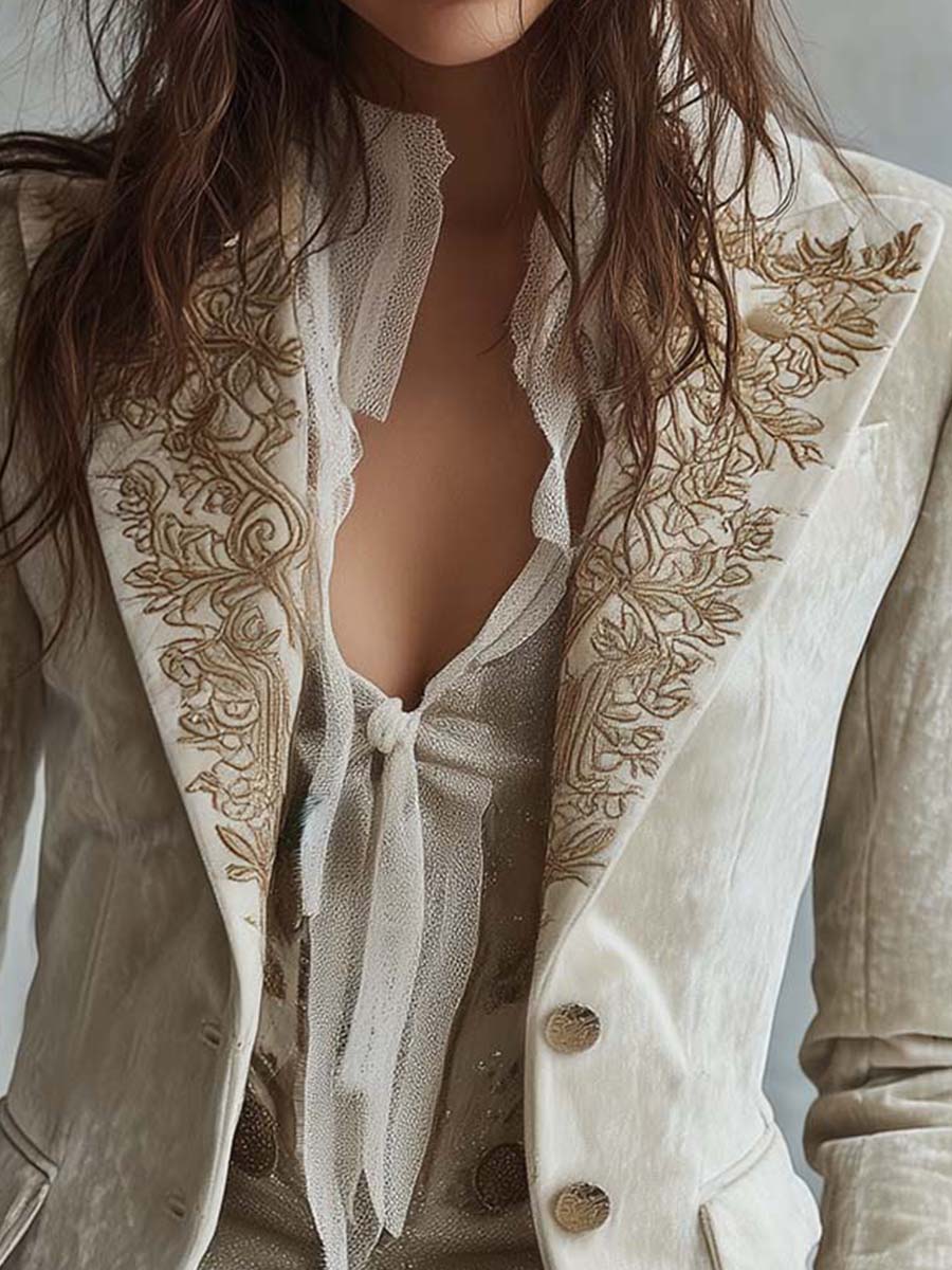 Camille – Embroidered Velvet-Look Blazer with Lace Cuffs