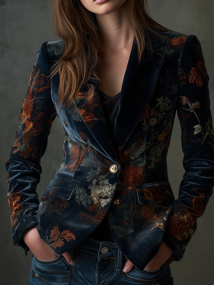 Sadie – Floral Velvet Blazer with Gold Buttons