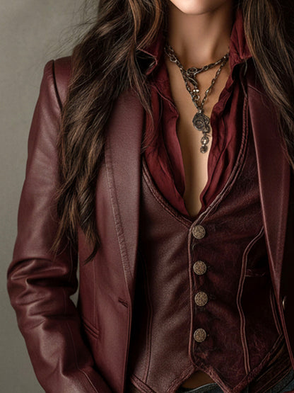 Pamela – Faux Leather Blazer with Ruffle Detail
