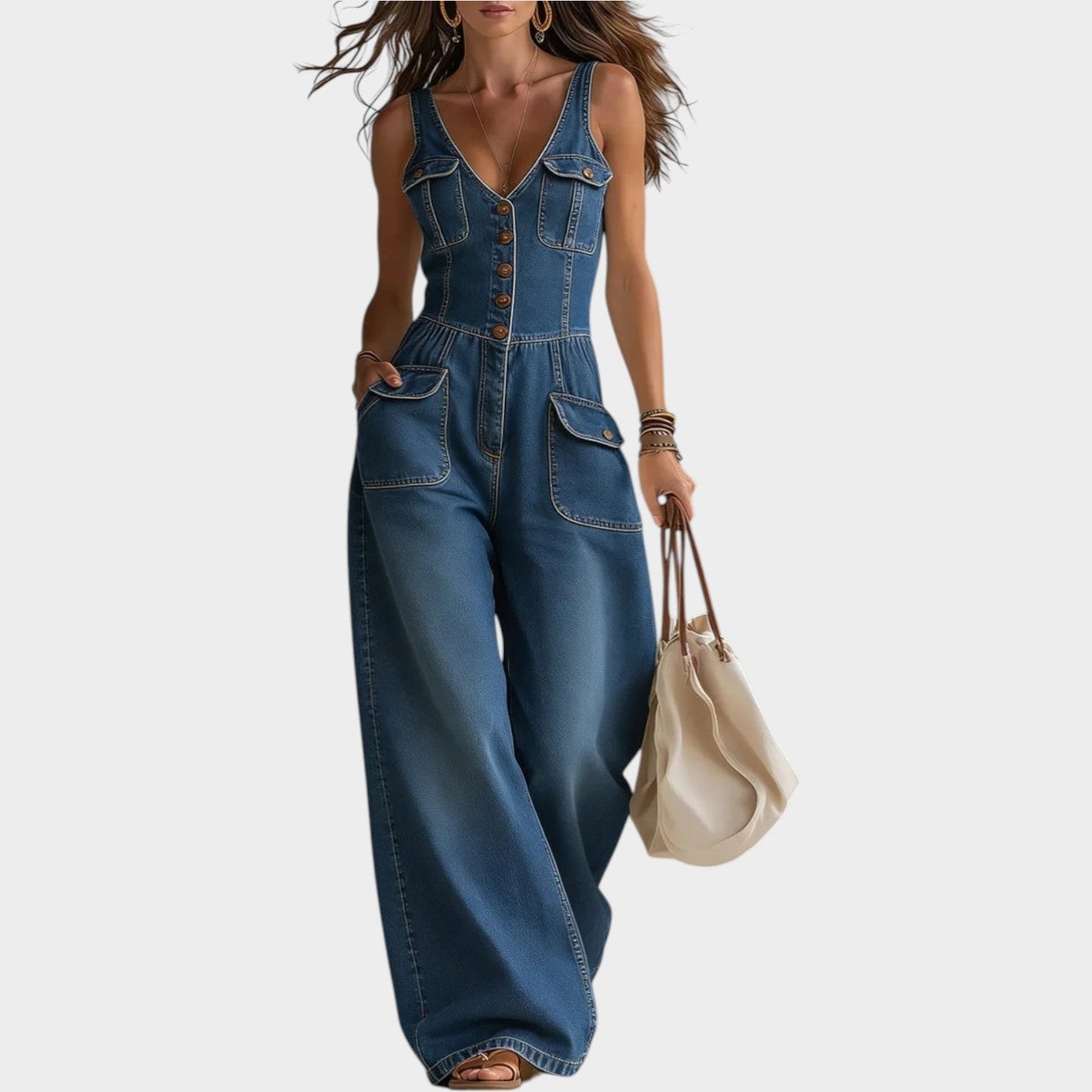 Joanne – Wide Leg Denim-Look Jumpsuit