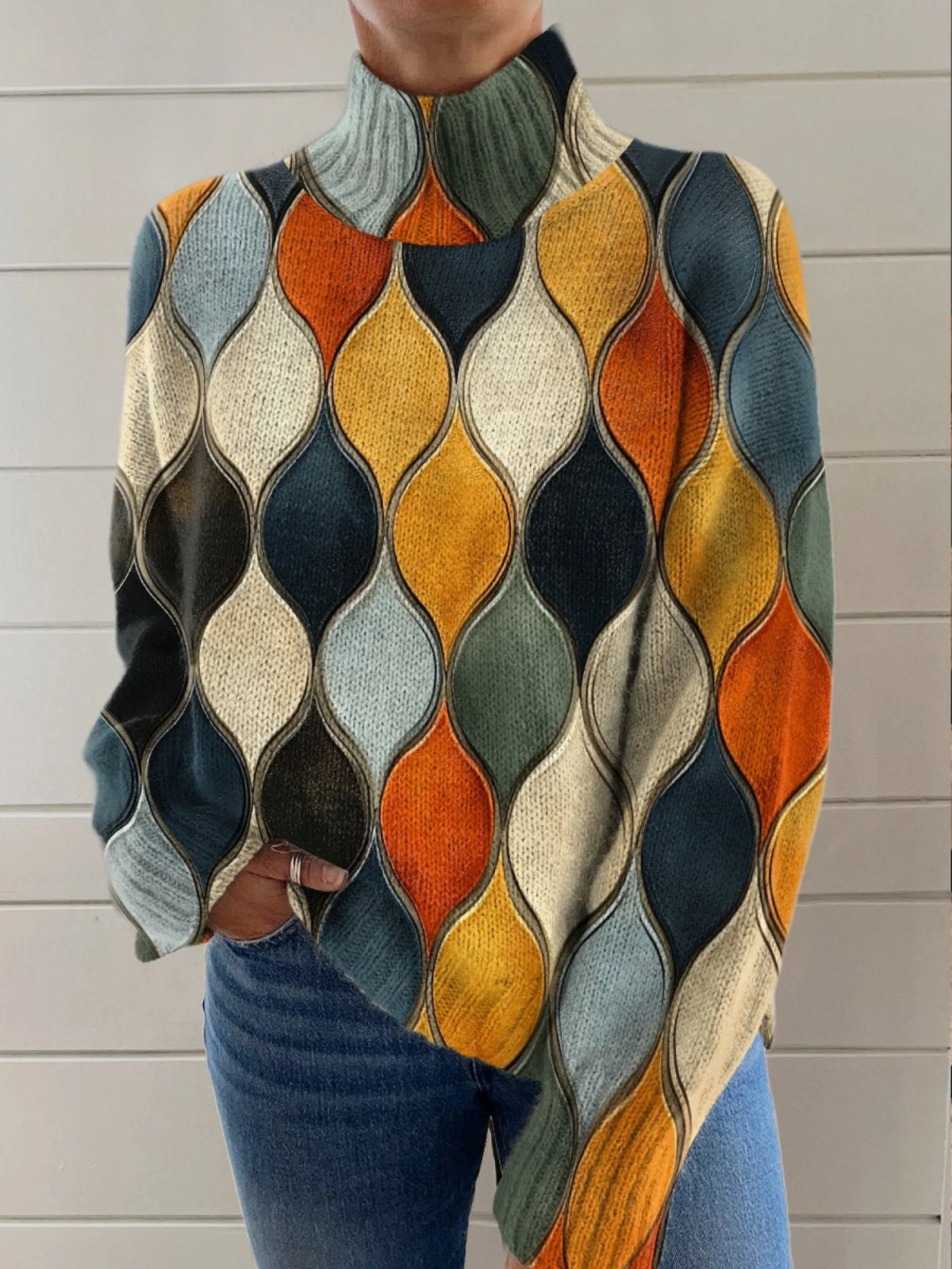 Roberta – Retro Geometric Turtleneck Sweater
