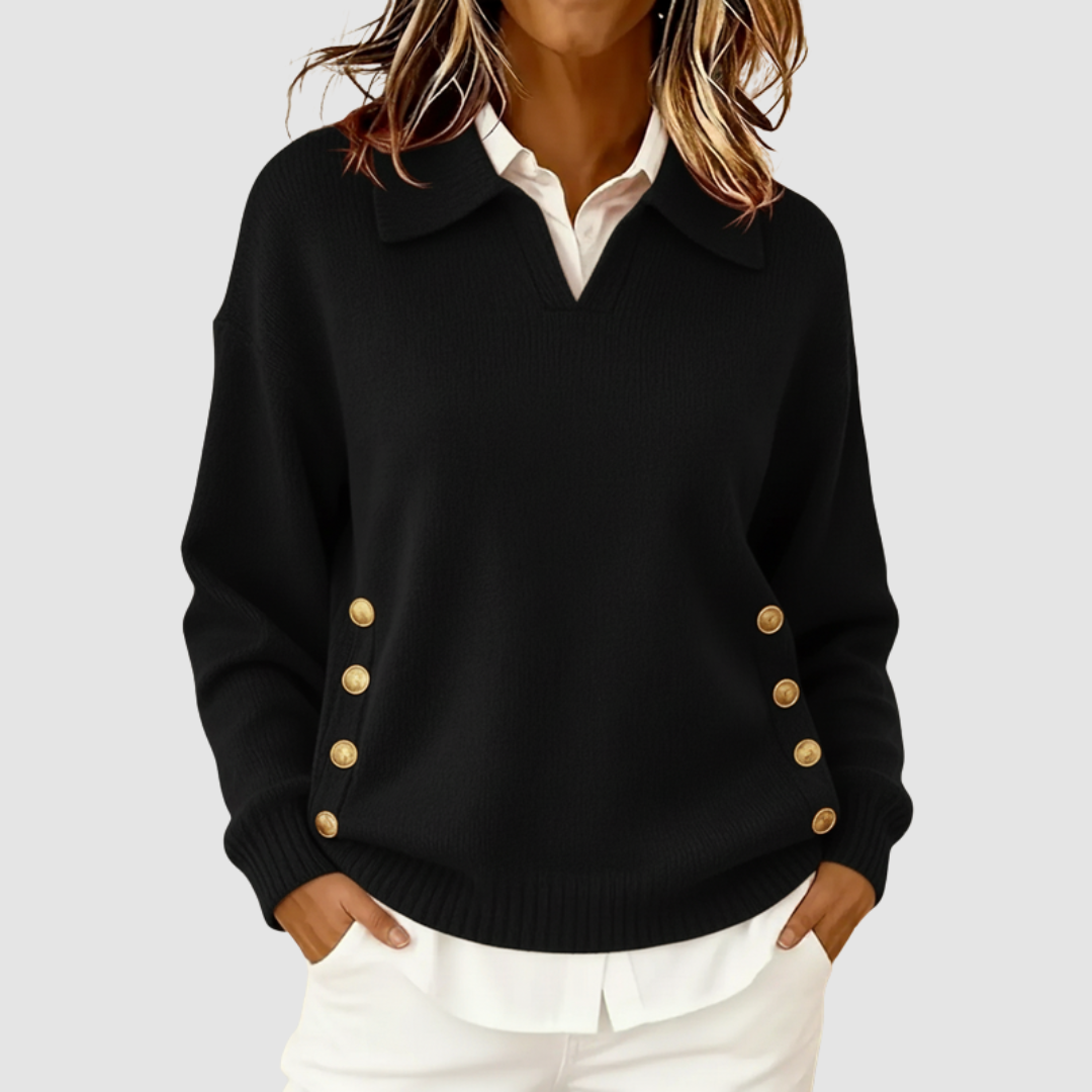 Bonnie – Collared Knit Sweater with Gold Buttons
