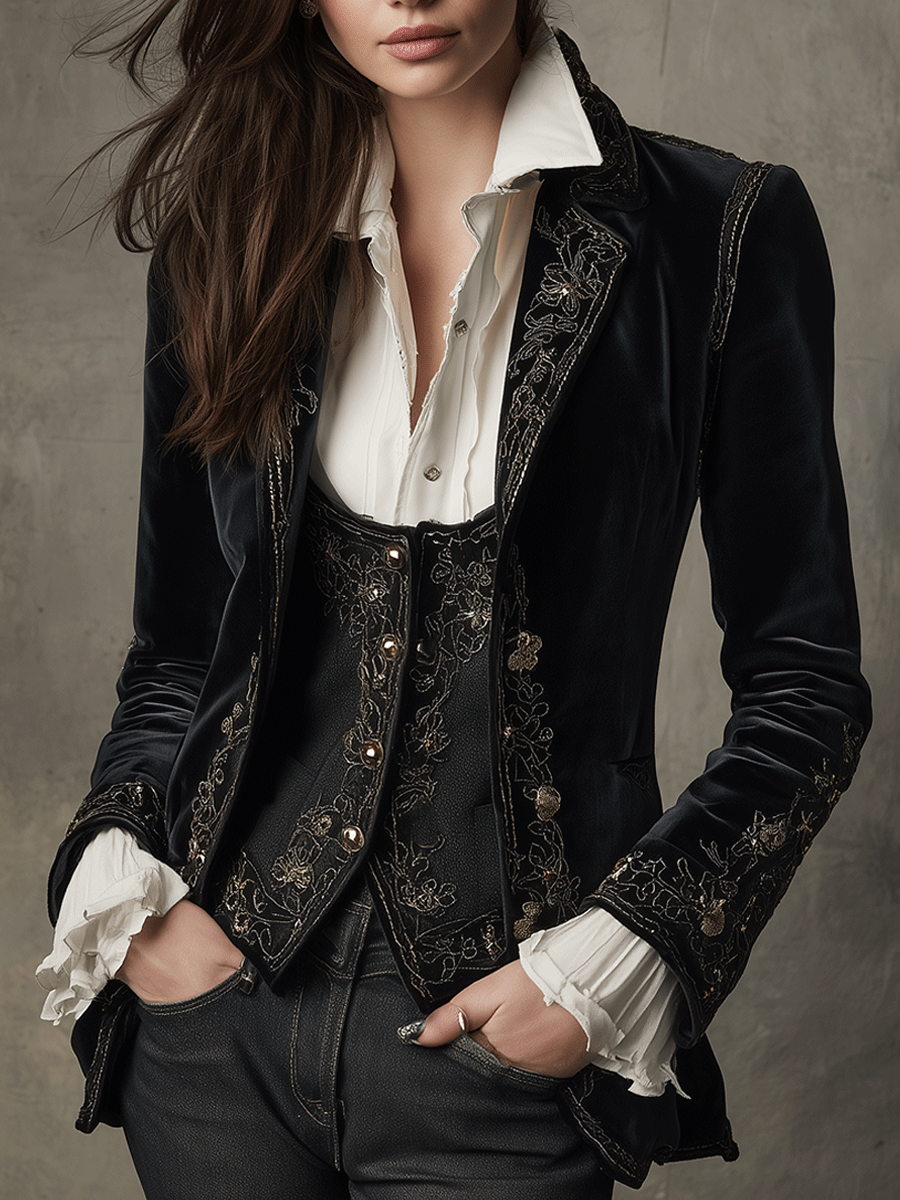 Marie – Velvet Embroidered Tailored Blazer