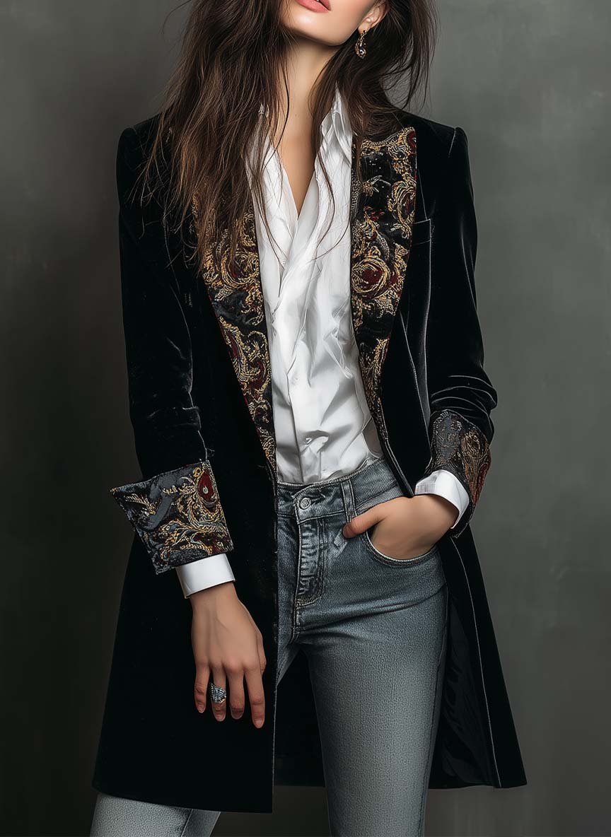 Roberta – Velvet Longline Blazer with Baroque Lapels