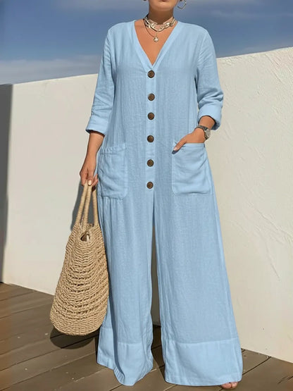 Kari – Wide Leg Button-Front Linen-Look Jumpsuit