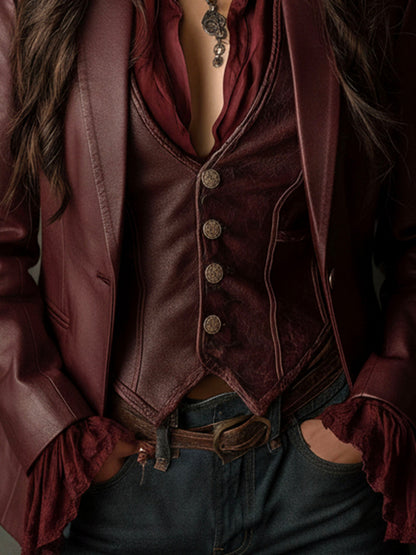 Pamela – Faux Leather Blazer with Ruffle Detail