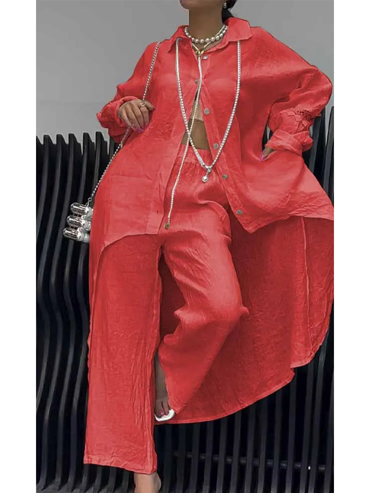 Doris – Linen-Look Long Shirt and Wide-Leg Pants Set