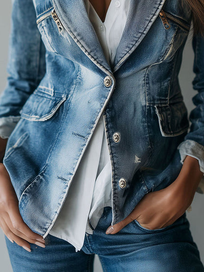 Sarah – Tailored Washed Denim Blazer Jacket