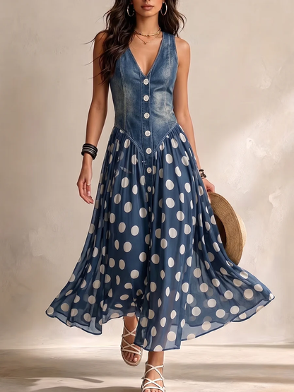 Lynn – Denim Bodice Polka Dot Midi Dress