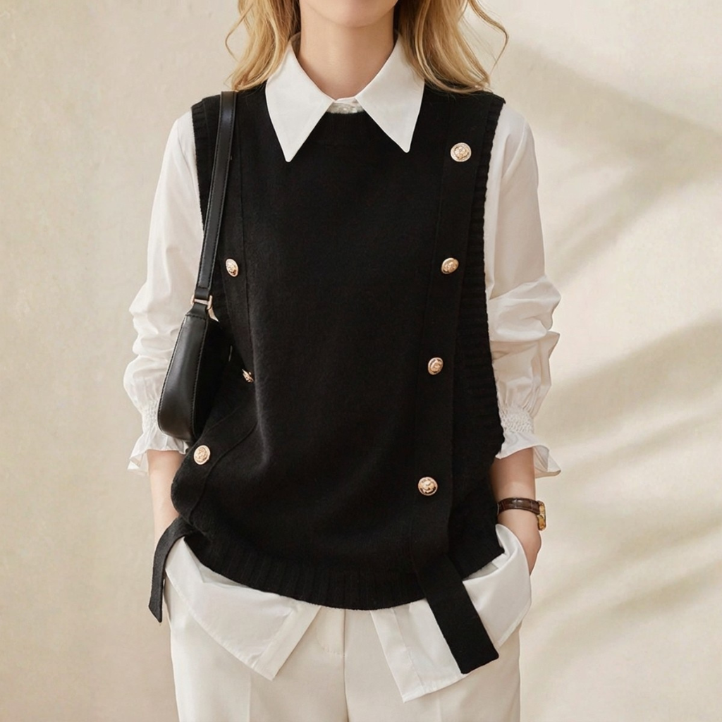 Kate – Knit Vest with Gold Button Detail