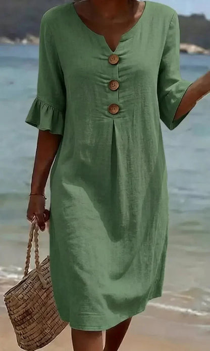 Delores – Relaxed Linen-Look Button Detail Dress