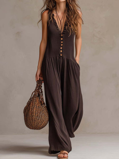 Mary – Bohemian Button-Front Wide Leg Jumpsuit