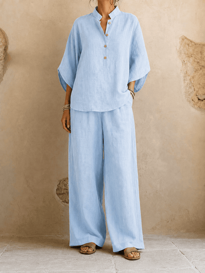 Jean – Linen-Look Blouse and Wide-Leg Pants Set