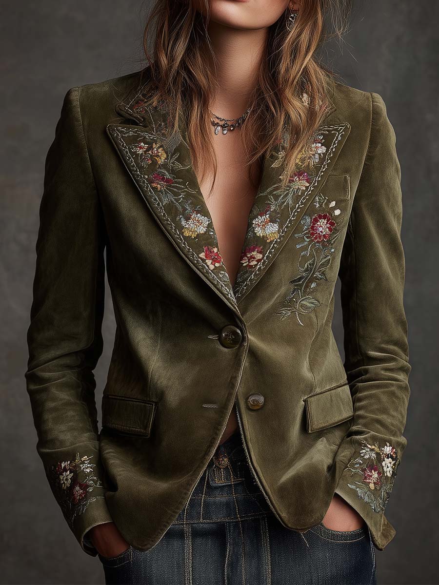 Aubrey – Floral Embroidered Velvet-Look Blazer