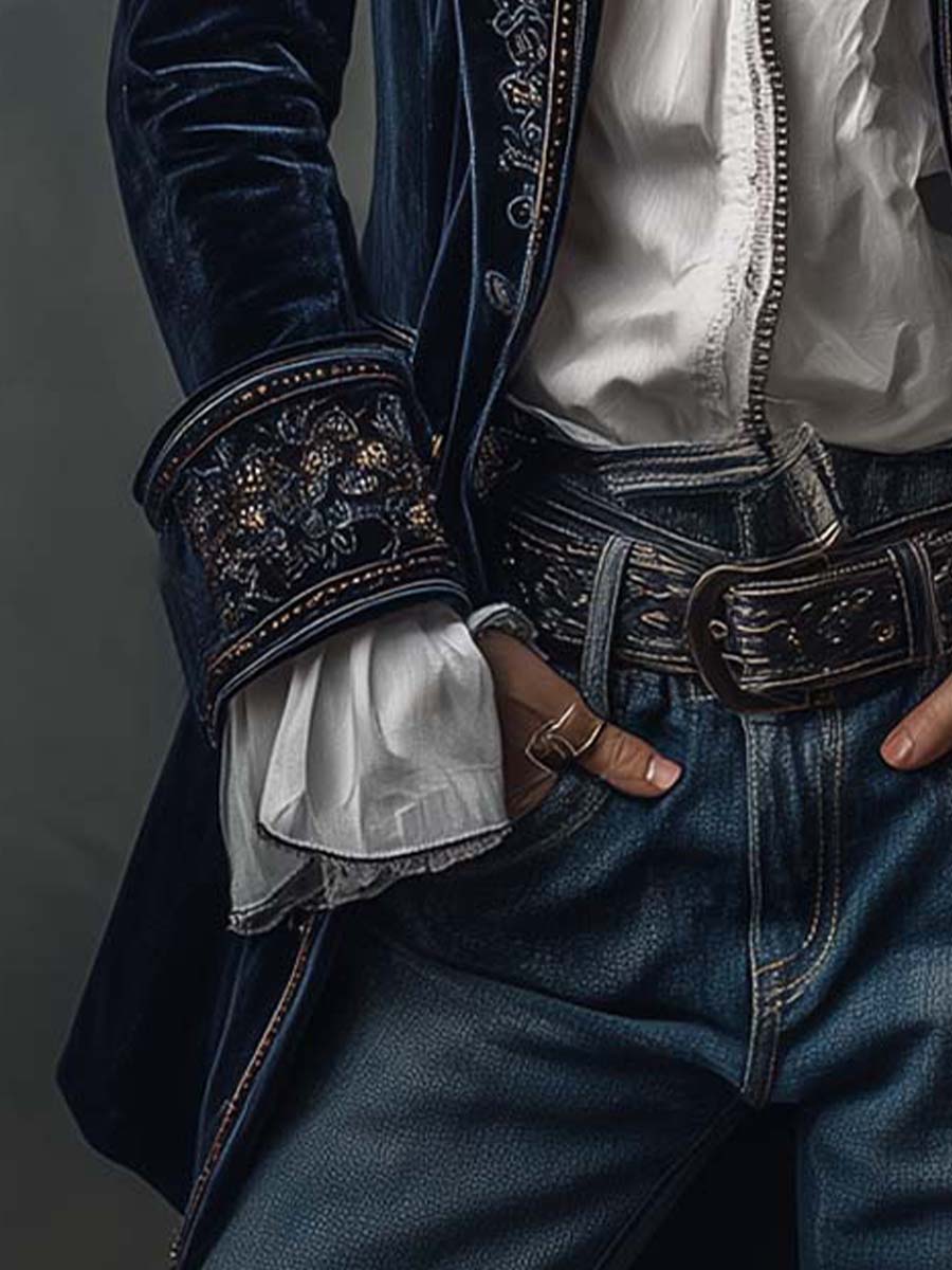 Rosemary – Embroidered Velvet-Look Long Jacket