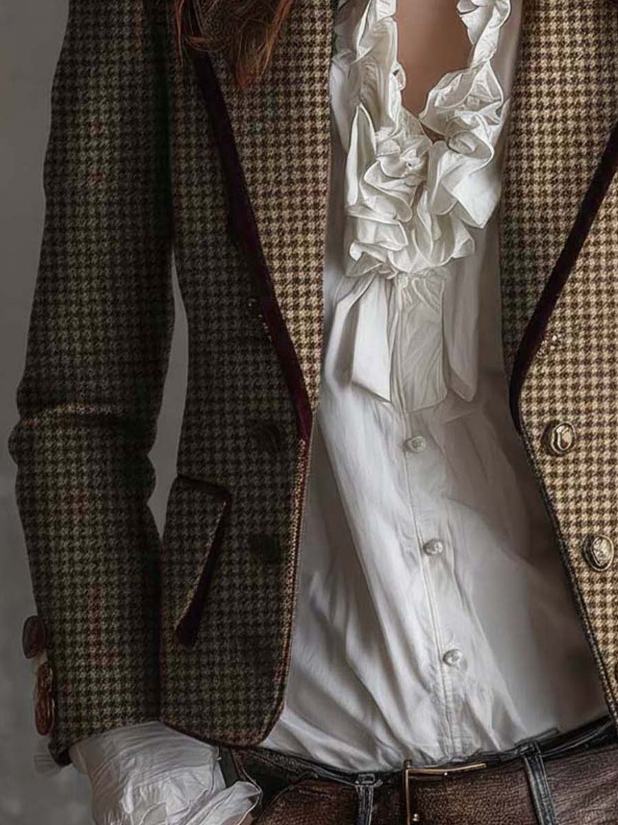 Angelique – Houndstooth Tailored Blazer with Velvet Trim