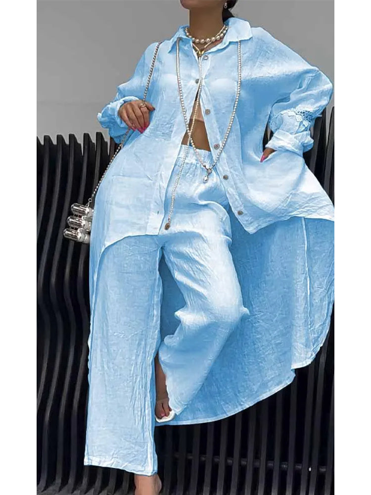Doris – Linen-Look Long Shirt and Wide-Leg Pants Set