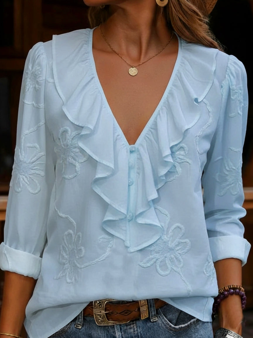 Kimberly – Ruffle V-Neck Embroidered Blouse