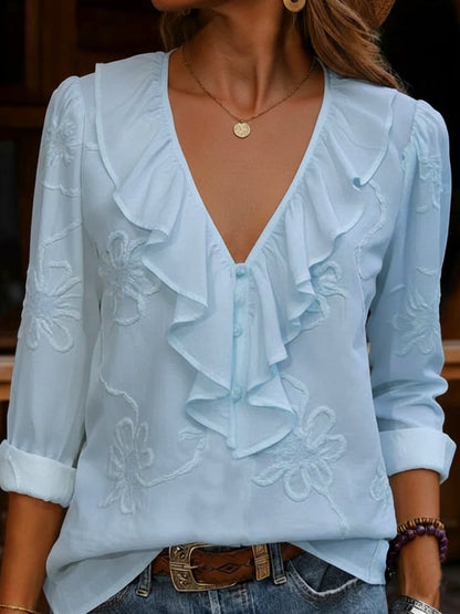 Kimberly – Ruffle V-Neck Embroidered Blouse