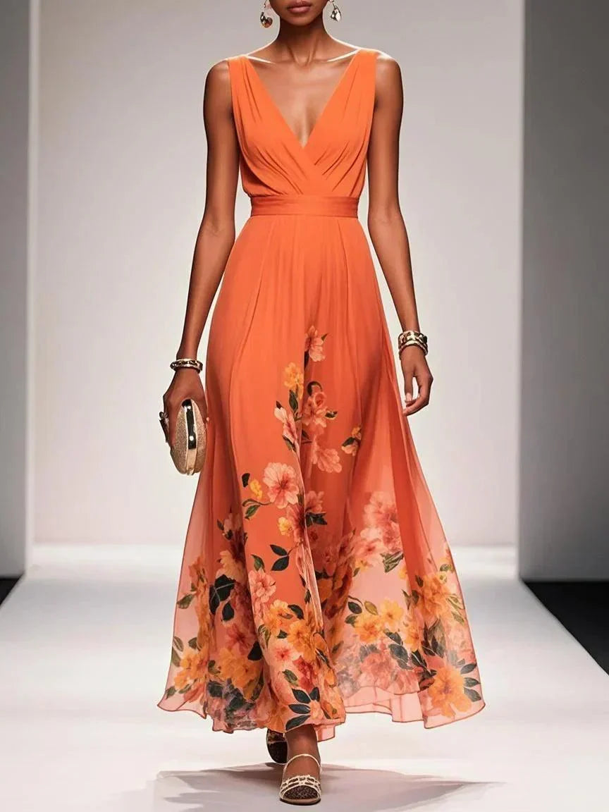 Alina | Light Blue Floral Chiffon V-Neck Maxi Dress