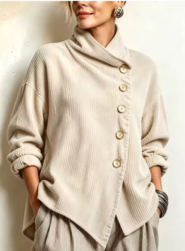 Rae – Ribbed Asymmetric Button Jacket