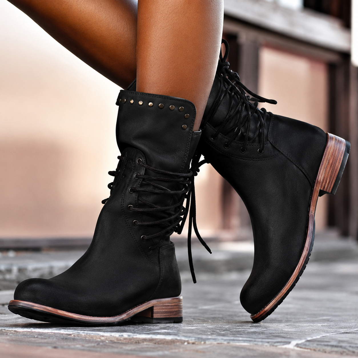 Jean – Lace-Up Studded Mid-Calf Boots