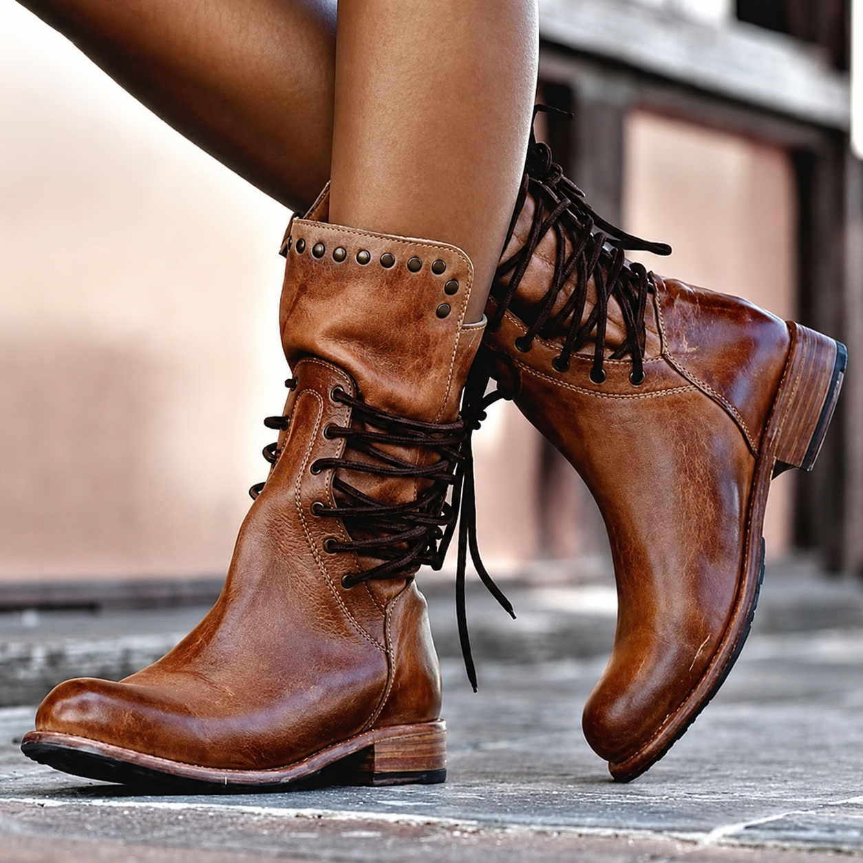 Jean – Lace-Up Studded Mid-Calf Boots