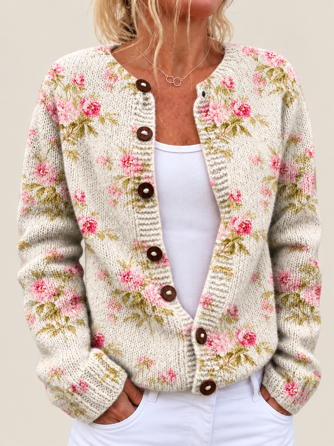 Mercedes – Printed Button-Front Knit Cardigan