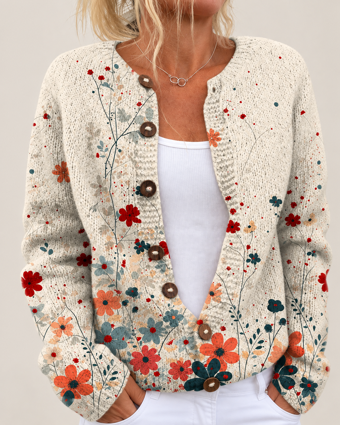 Mercedes – Printed Button-Front Knit Cardigan