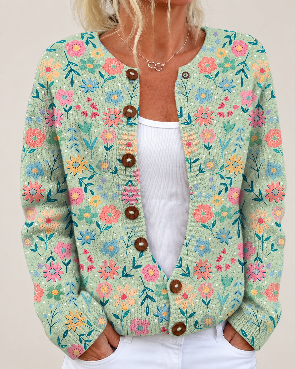 Mercedes – Printed Button-Front Knit Cardigan