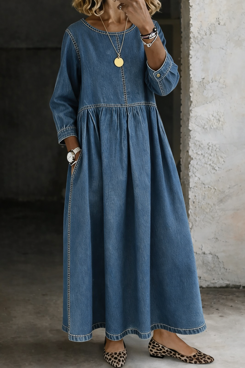 Sara – Relaxed Denim-Look Gathered Maxi Dress